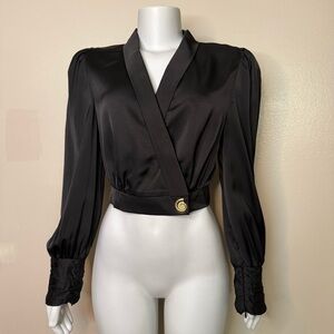 Black cropped crossed front satin long sleeve blouse